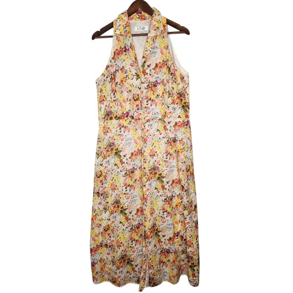 Clues Collection Womans Cotton Floral Sundress Size 14 Button Up Fully Lined‎